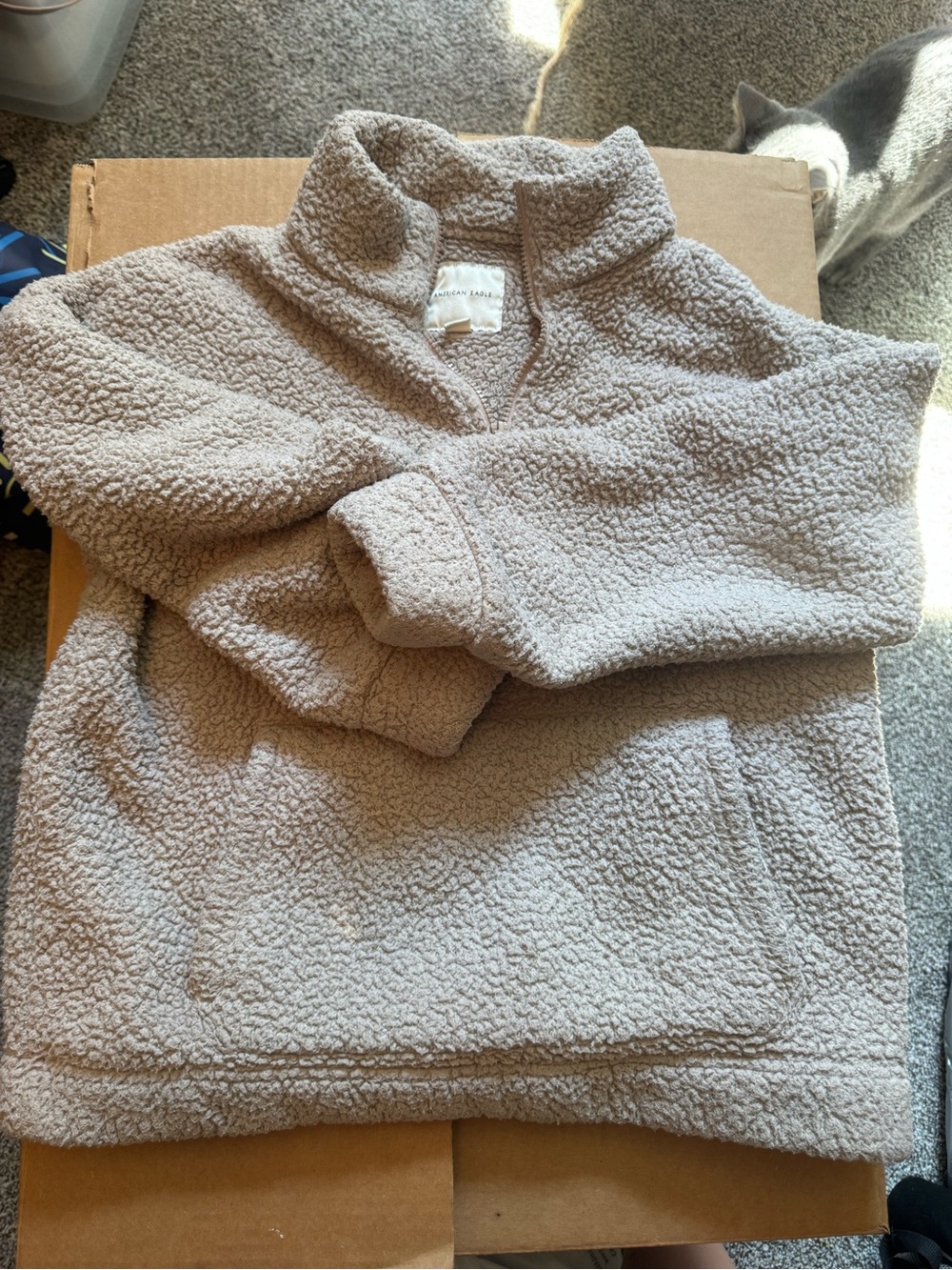American Eagle Outfitters Taupe Sherpa Zip-Up Pullover